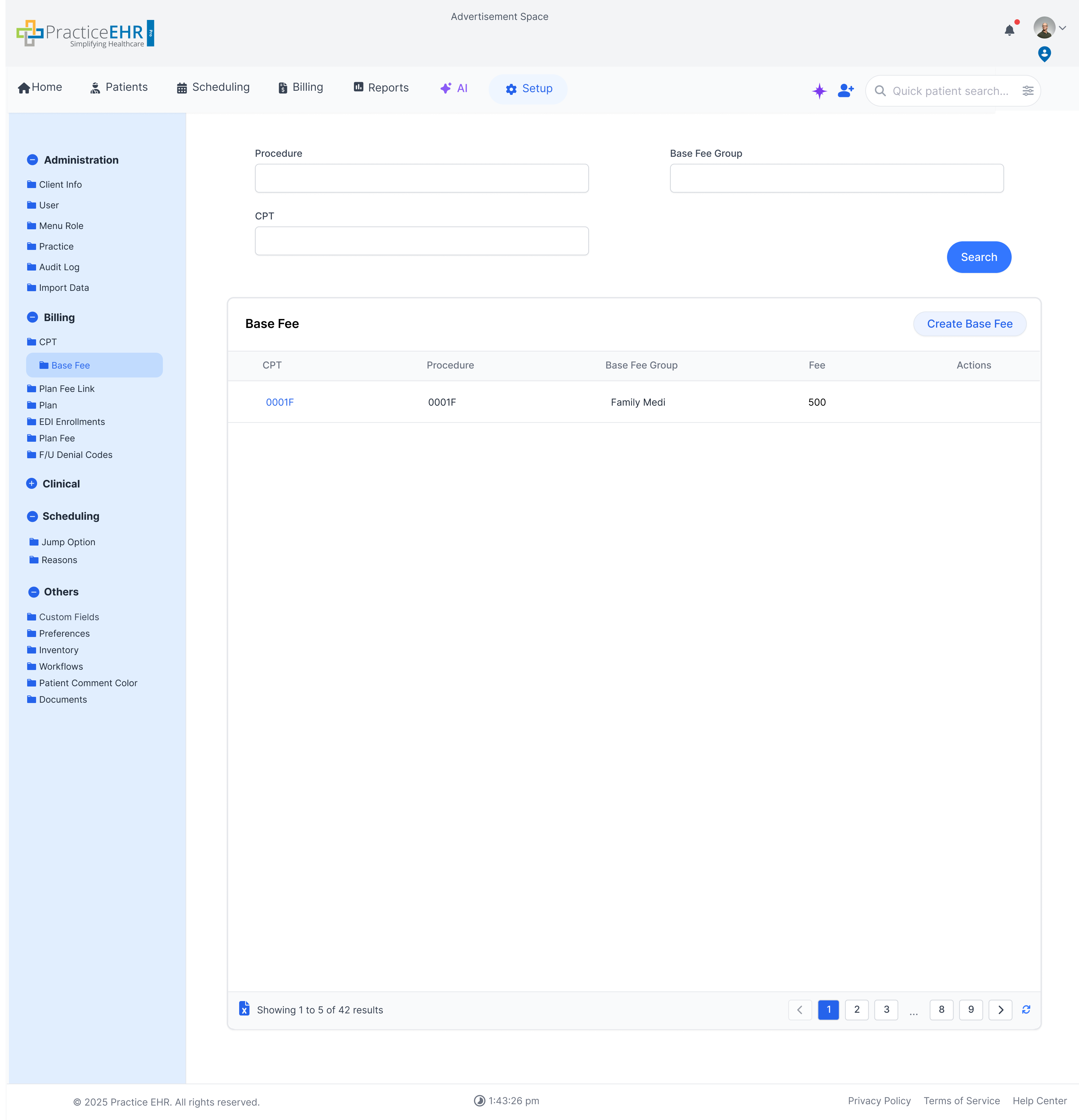 Base Fee management screen